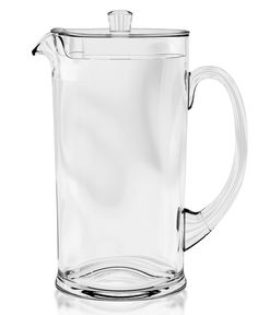 a clear glass pitcher with a handle on the top and bottom, is shown in front of a white background