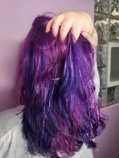 Loved this hair color, & my stylist added tinsel for a concert 🤍 Blue Tinsel Hair, Purple Hair Tinsel, Blue Hair Tinsel, Purple Blue Hair, Tinsel Hair, Hair Mullet, Hair Tinsel, Nails And Hair, Alternative Hair