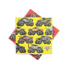 four napkins with monster trucks printed on the front and back, one in yellow