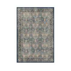 a blue and beige rug with an intricate design on the bottom, in front of a white background