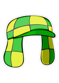 a green and yellow striped hat on top of a white background with the letter t in it