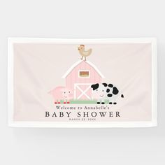 a pink banner with farm animals on it and the words, welcome to anabella's 1st birthday party