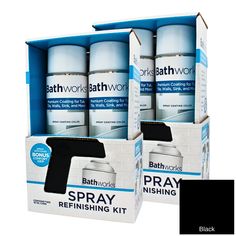 three bottles of bath works spray in a cardboard box with black paint on the side