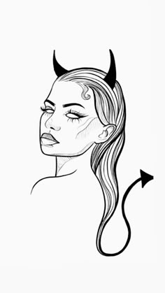 a drawing of a woman with horns on her head and an arrow pointing to the side