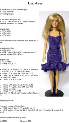 a doll with blonde hair wearing a purple dress and black shoes is shown on the page