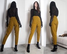 "1980s mustard olive colored minimal wool pants> tappered legs >high waist> hidden side zipper> unlined | item slightly pinned to fit model | label> stefanel [ made in italy ] material> no tags [ a natural velvety canvas like fabric ] size> not listed < fit like [women's] S/ M waist> 68cm hips> 102cm length> 102cm rise> 37cm condition> excellent vintage condition> gently used/ mild wear | model is 174 cm [5'8\"] and measures 80-61-90 cm [31\"-24\"-35\"] Mustard Work Pants Outfit, Mustard High Waist Bottoms For Workwear, Mustard High-waist Bottoms For Work, High Waist Mustard Bottoms For Work, Mustard Fitted Bottoms For Workwear, Fitted Mustard Bottoms For Workwear, Fitted High Waist Mustard Bottoms, Mustard Pants Outfit, Pants Outfit Work