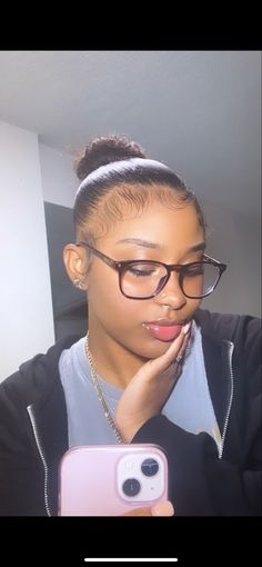 Black girl slick bun and glasses Small Slick Back Bun, Slick Back Small Bun Natural Hair, Hairstyles For Slick Back, Small Bun Black Women, Sleek Back Natural Hairstyle, Clean Girl Bun Black Women, Slick Bun Natural Hair Black Women, Slick Back Bun With Hat, Slick Back With Extensions