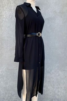 Black Button Down Long Sleeve Duster with Side Splits Sheer Duster, Side Splits, Sheer Chiffon, Tunic Shirt, Side Split, Long Shirt, Black Button, Duster Coat, Button Downs