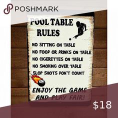 Pool Table Rules Billiards‎ Sports 8x12 Metal Wall Sign Pressed Tin, Metal Wall Sign, Table Signs, Pool Table, Billiard Table, Billiards, Sign Poster, Tin Signs, Metal Walls