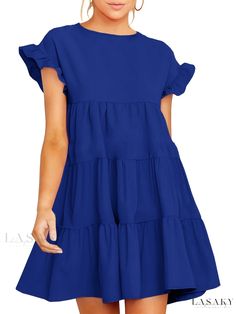 Lasaky - Chic Solid Cap Sleeve Dress with Ruffle Trim and Crew Neck Detail - Elegant Ruched Mini Dress for Womens Wardrobe Casual Flowy Solid Tiered Dress, Solid Color Tiered Dress With Ruffles, Casual Blue Tiered Dress, Casual Solid Color Tiered Dress, Blue Casual Flowy Tiered Dress, Casual Blue Flowy Tiered Dress, Casual Solid Color Dresses With Ruffles, Casual Blue Tiered Dress With Loose Fit, Solid Color Dresses With Ruffle Sleeves For Vacation