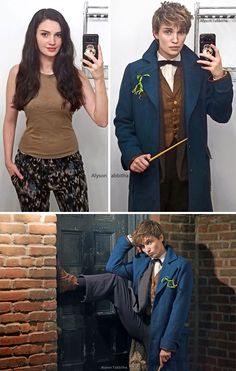 three different pictures of people dressed in harry potter outfits and holding cell phones, one with a wand