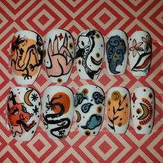 Set of hand-painted, coffin shaped press-on nails with a Japanese koi and dragon themed design. Comes with 1 sheet of nail adhesive tabs (24 pcs). -Sets of 22 are ready to ship (unless they are sold out), and do not require any sizing (includes all possible sizes X2). -If you wish to purchase this design in a different shape or length (either the full set of 22, or set of 10), please message me prior to purchasing so I can accommodate  Please do not order sets of 10 if you are not confident in w Dragon Japanese, Andy Warhol Inspired, Japanese Koi Fish, Japanese Koi, Nail Stuff, Kitchen Prints, Nail Sizes, Koi Fish, Different Shapes