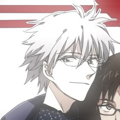 two anime characters one with glasses and the other with short hair, standing next to each other