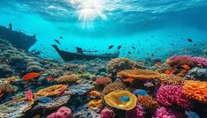 an underwater view of a boat and corals in the ocean with sunlight streaming through