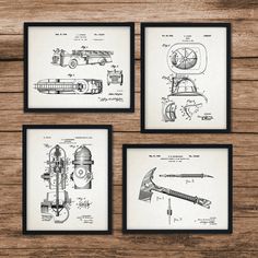 four framed blueprints of different types of tools on a wooden table with wood boards