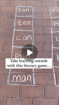 a brick sidewalk with words written in chalk on it, and the words take learning outside with this library game