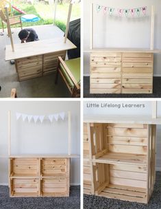 four different pictures of wooden furniture in various stages of being assembled, including a desk with drawers and shelves