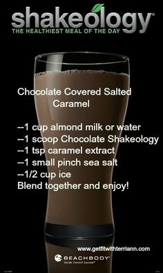 chocolate covered salted caramel in a tall glass with information about the ingredients and how to use it