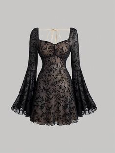 Women's  Floral Mesh Sweetheart Neckline Dress With Flare Sleeves Halloween Clothes Fall Clothes Black Boho  Extra-Long Sleeve Knitted Fabric Plain A Line Medium Stretch  Women Clothing, size features are:Bust: ,Length: ,Sleeve Length: Metalhead Dresses, Black Sweetheart Neckline Dress, Mesh Clothes, Lace Clothes, Goth Outfit Ideas, Lace Mesh Dress, Flare Dresses, Sweetheart Neckline Dress, Moon Dress