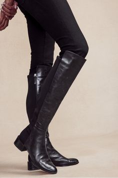 Over the knee boots are all over the fashion pages and we are here for it. This leather-front design makes the trend infinitely more wearable by swapping out the back panel for comfortable stretch knit to give you a fabulous fit. Inside zip. Leather-wrapped heel. Leather lining, rubber sole. European sizes 36-41: 36 (US 5-5.5) 37 (US 6-6.5), 38 (US 7-7.5), 39 (US 8-8.5), 40 (US 9-9.5), 41 (US 10-10.5) Dressy Boots, Tall Leather Boots, Tall Boot, Spring Shoes, Dressy Casual, Tall Boots, The Trend, Front Design, Over The Knee Boots