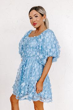 puff sleeve, floral, blue mini dress, lace Rush Week Outfits, Mini Lace Dress, Styling Portfolio, Rush Week, Week Outfits, Lace Material, Lace Mini Dress, Puff Sleeves, Floral Lace