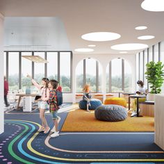 two girls are standing in the middle of a room with round windows and colorful rugs