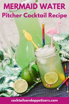 two mason jars filled with lemonade and limes, one has a pink flamingo straw