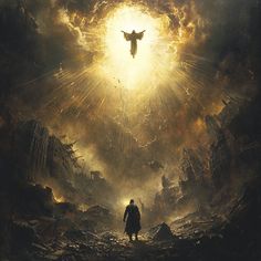 a man standing in the middle of a dark cave with an angel above him on his head