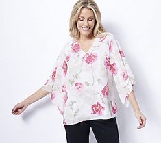 Who said clothes don't add to your personality? This blouse boasts a poppy print that radiates positive vibes only. From Belle by Kim Gravel. Feminine Split Neck Tops For Spring, Feminine Spring Tops With Split Neck, Spring Floral Print Split Neck Top, Spring Floral Print Top With Split Neck, Spring Split Neck Tops, Summer Floral Print Tops With 3/4 Sleeves, Spring Split Neck Top For Daywear, Spring Tops With Flowy Fit And 3/4 Sleeves, Spring Flowy Tops With 3/4 Sleeves