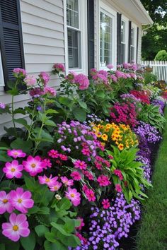 colorful flowers line the side of a house