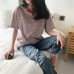 Stripe Tee Outfit, Harajuku Women, Stripe Outfits, Womens Fashion Casual Summer, Stripe Tee, Loose Tees, Trendy Top, Shoes Dress, Fashion Hair