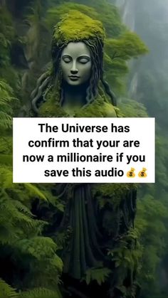 a buddha statue surrounded by green plants with a quote about the universe has confirm that your are now a millionaire if you have to save this audio