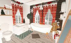 a bathroom decorated for christmas with red and white decorations on the windows, wood flooring