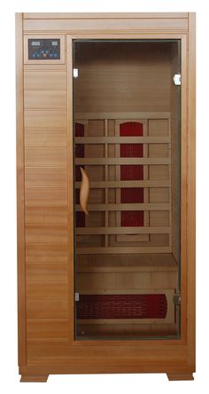 a wooden sauna with red towels in the front and side panels on both sides