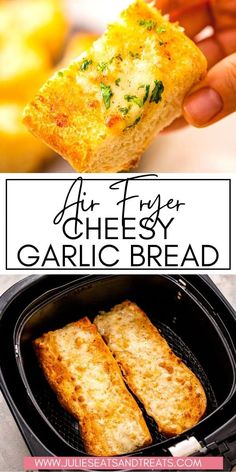 an air fryer filled with cheesy garlic bread