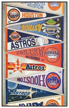 an old poster with many different sports logos on it's sides and the words houston, houston, houston astros, houston