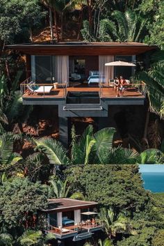 the house is surrounded by lush vegetation and trees