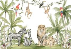 a watercolor painting of animals and birds in the jungle with palm trees, flowers, and monkey's