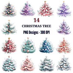 twelve christmas trees in pastel colors