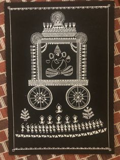 an intricately designed black and white painting on a brick wall, depicting a baby in a carriage