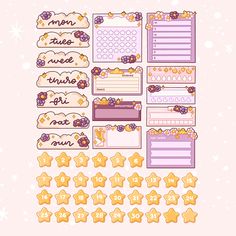 a pink and purple planner sticker sheet with lots of stars on the top, along with