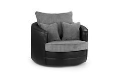 a black and grey chair with two pillows on top of the armrests, sitting in front of a white background