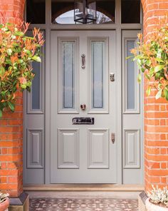 a grey front door with two potted plants on either side and brick wall behind it