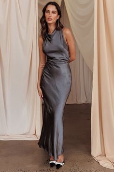 Moonlight Mirage Criss-Cross Back Maxi Dress Charcoal Gray Wedding Guest Dress, Grey Wedding Guest Dress, Charcoal Bridesmaid Dresses, Gray Bridesmaid Dresses, Satin Clutch, Split Maxi Dress, Bridesmaids Dress, Big Sis, Iron Material