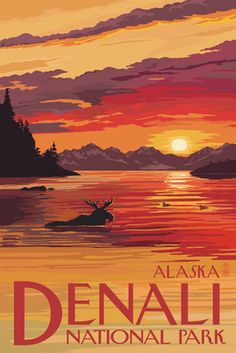 the alaska denali national park poster is shown in red, orange and yellow colors