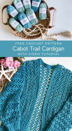 a blue crochet cardigan with text that says free crochet pattern cabot trail cardigan