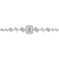 Elevate your elegance with the Crawford Tennis Bracelet in Silver White, a masterpiece of Art Deco elegance.  This stunning bracelet is resplendent with simulated diamonds and at its heart lies a large rectangular setting, beautifully flanked by three smaller rectangular settings on each side, each featuring a single gemstone or a cluster of stones.  The design continues with the smallest rectangular settings, all adorned with sparkling simulated diamonds, stretching along the remaining length o Evening Diamond Tennis Bracelet With Brilliant Cut, Luxury Diamond-cut Cubic Zirconia Crystal Bracelet, Evening Diamond White Bracelets With Diamond Accents, Diamond White Bracelets With Diamond Accents For Evening, Evening Fine Jewelry Bracelets With Brilliant Cut, Fine Jewelry Bracelets With Brilliant Cut For Evening, Elegant Diamond Bracelets For Evening, Elegant Evening Diamond Bracelets, Elegant Evening Bracelets With Diamond Accents