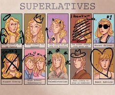 an image of some cartoon characters with different expressions on their faces and the words superlaties above them