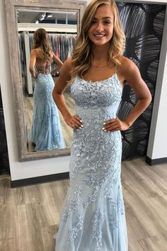 SGD072 2020 Charming Spaghetti Straps Mermaid Long Open Back Prom Dresses on Storenvy Blue Lace Prom Dress, Blue Mermaid Prom Dress, Light Blue Prom Dress, Blue Evening Gowns, Mermaid Prom Dresses Lace, Blue Prom Dress, Formal Ball Gown, Spaghetti Strap Prom Dress, Lace Party Dresses