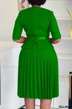 Olivia Mark - Elegant V Neck Pleated Midi Dress with Ruched Detail and Belt Fitted Solid Color Pleated Dress, Spring Office Dress With Ruched Details, Fitted Pleated Dress With Folds For Workwear, Fitted Green Dress With Pleated Waist, Casual Green Dresses With Pleated Skirt, Green Casual Dress With Pleated Skirt, Green Solid Color Office Dress, Fitted Green Dress With Pleated Back, Fitted Green Dresses With Pleated Skirt